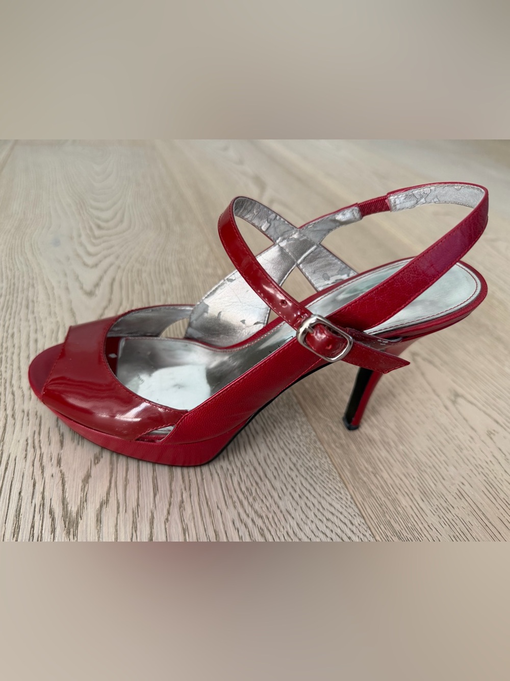 Marc Fisher Red Patent Peep-Toe Slingback Heels